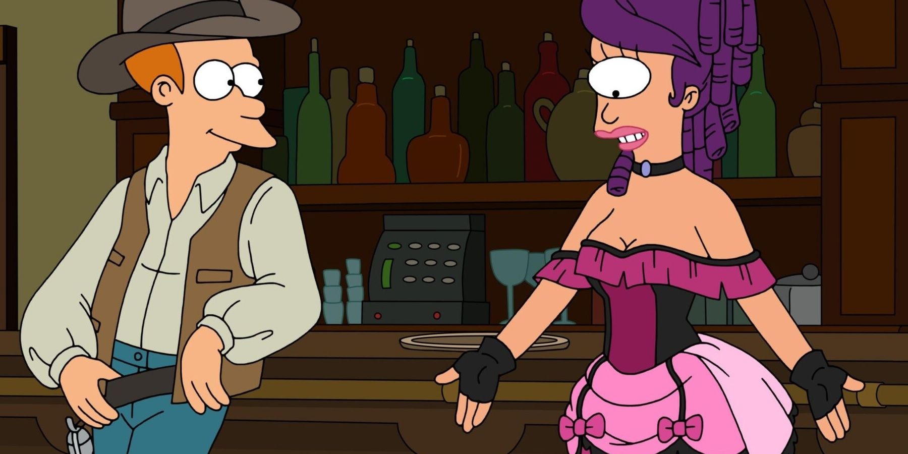 Fry and Leela in a Wild West brothel