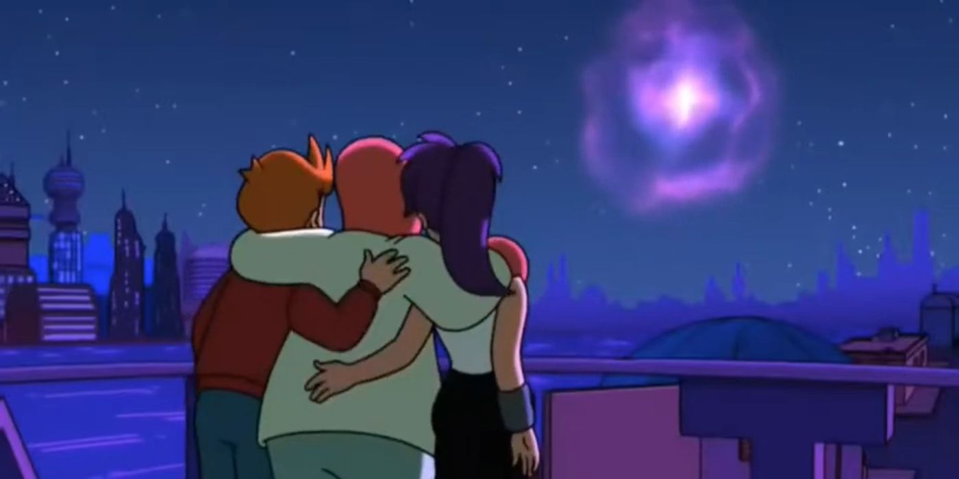 Fry, Zoidberg e Leela assistem ao quasar na 4ª temporada 
