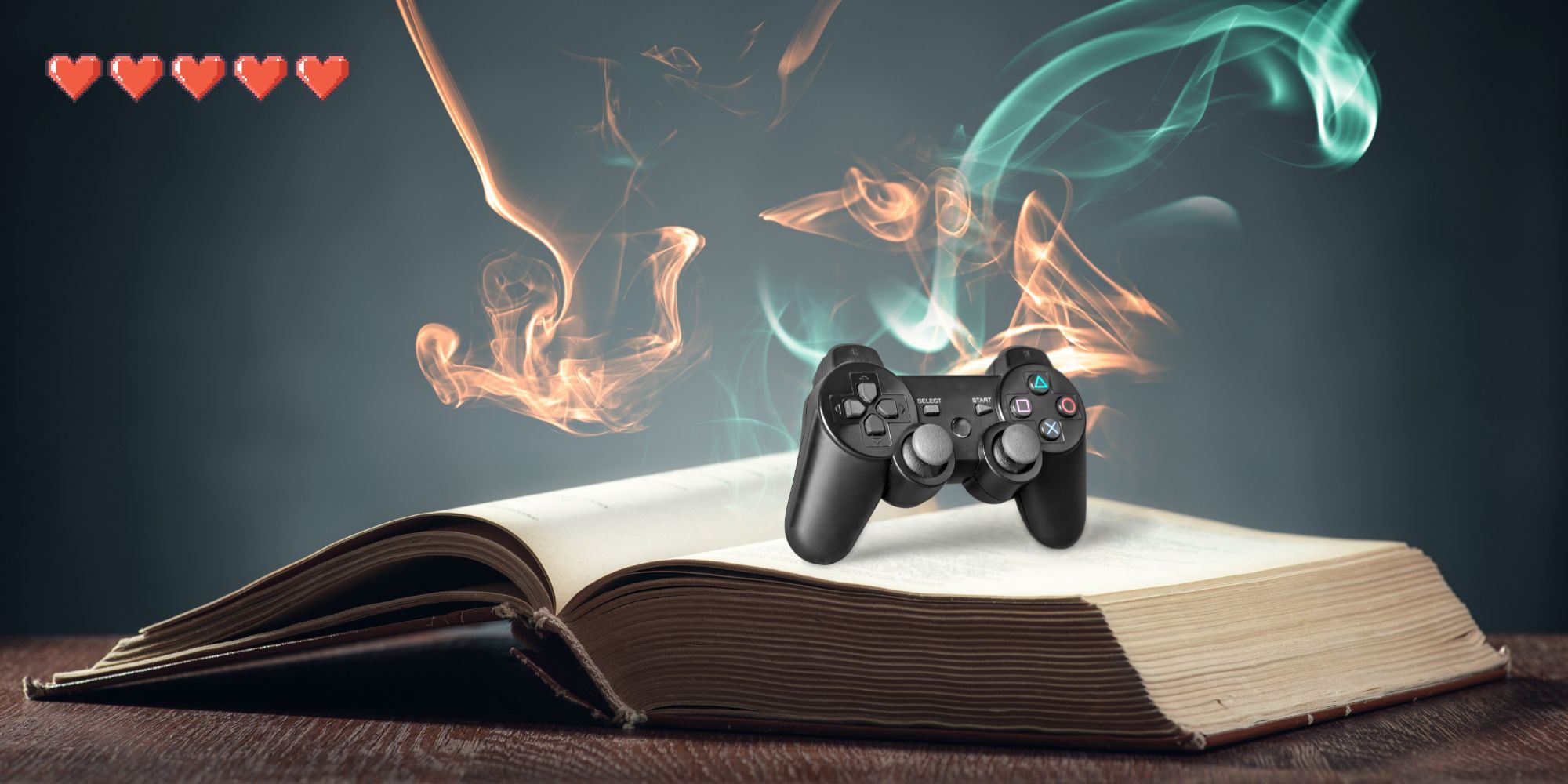  A PS2 game controller inside an open book with blue and orange flames erupting
