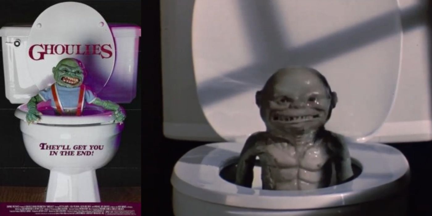 A split image of the Ghoulies poster and a toilet Ghoulie in Ghoulies.