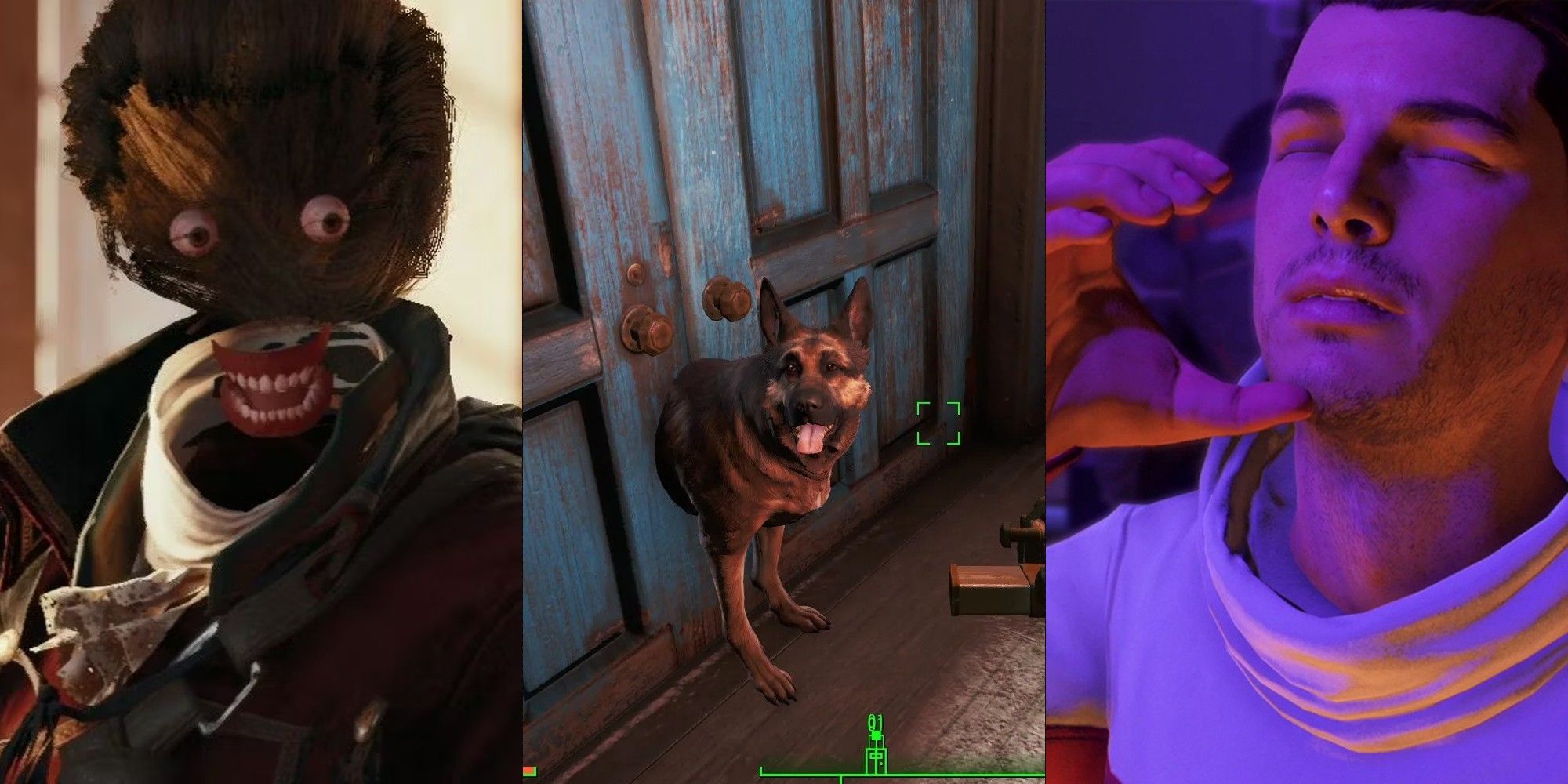 A split image of game glitches from Assassin's Creed: Unity, Fallout 76, and Mass Effect: Andromeda