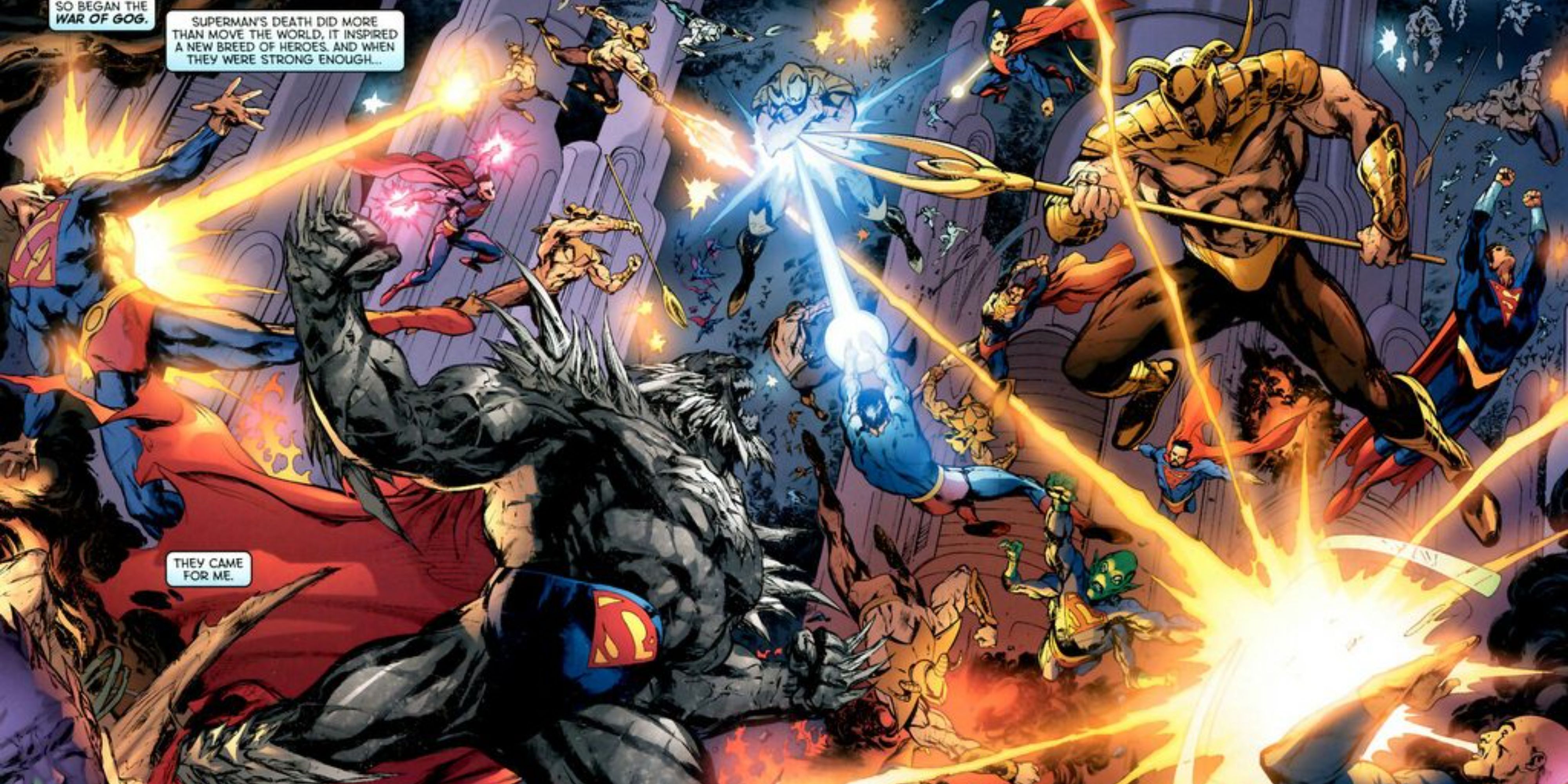 Doomsday leads a group of Supermen against Gog.