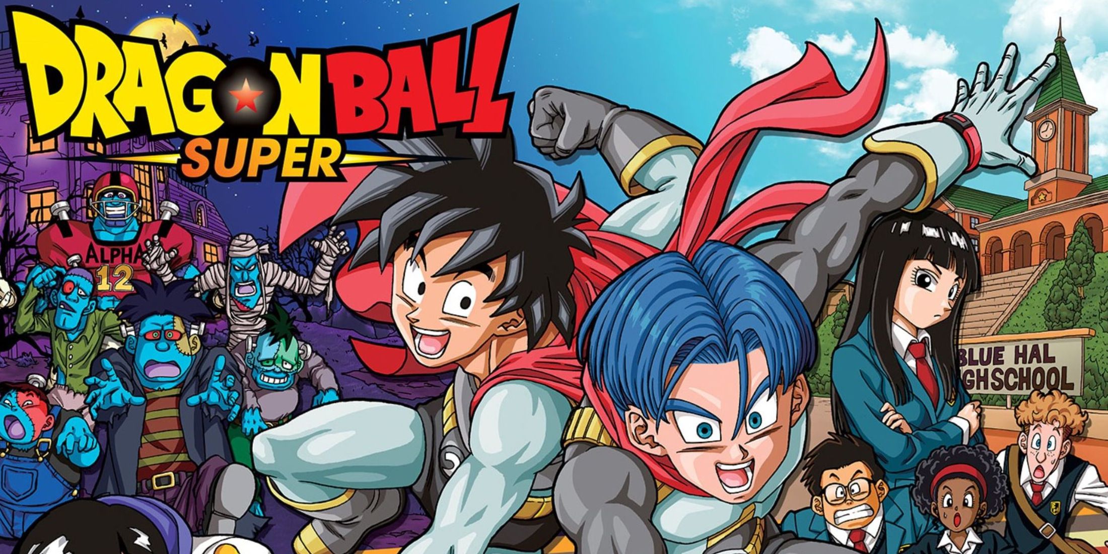 Goten and Trunks in their Saiyaman gear flanked by zombies, Mai, and fellow high school students in the Dragon Ball Super manga