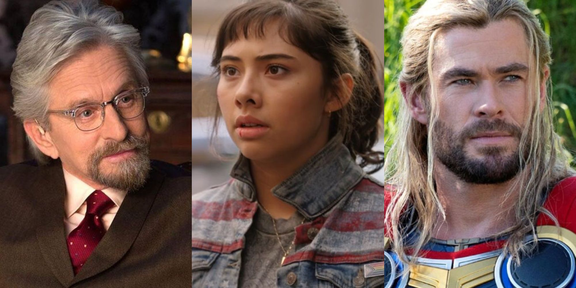 Hank Pym, America Chavez, and Thor in the MCU in a 3-way split image