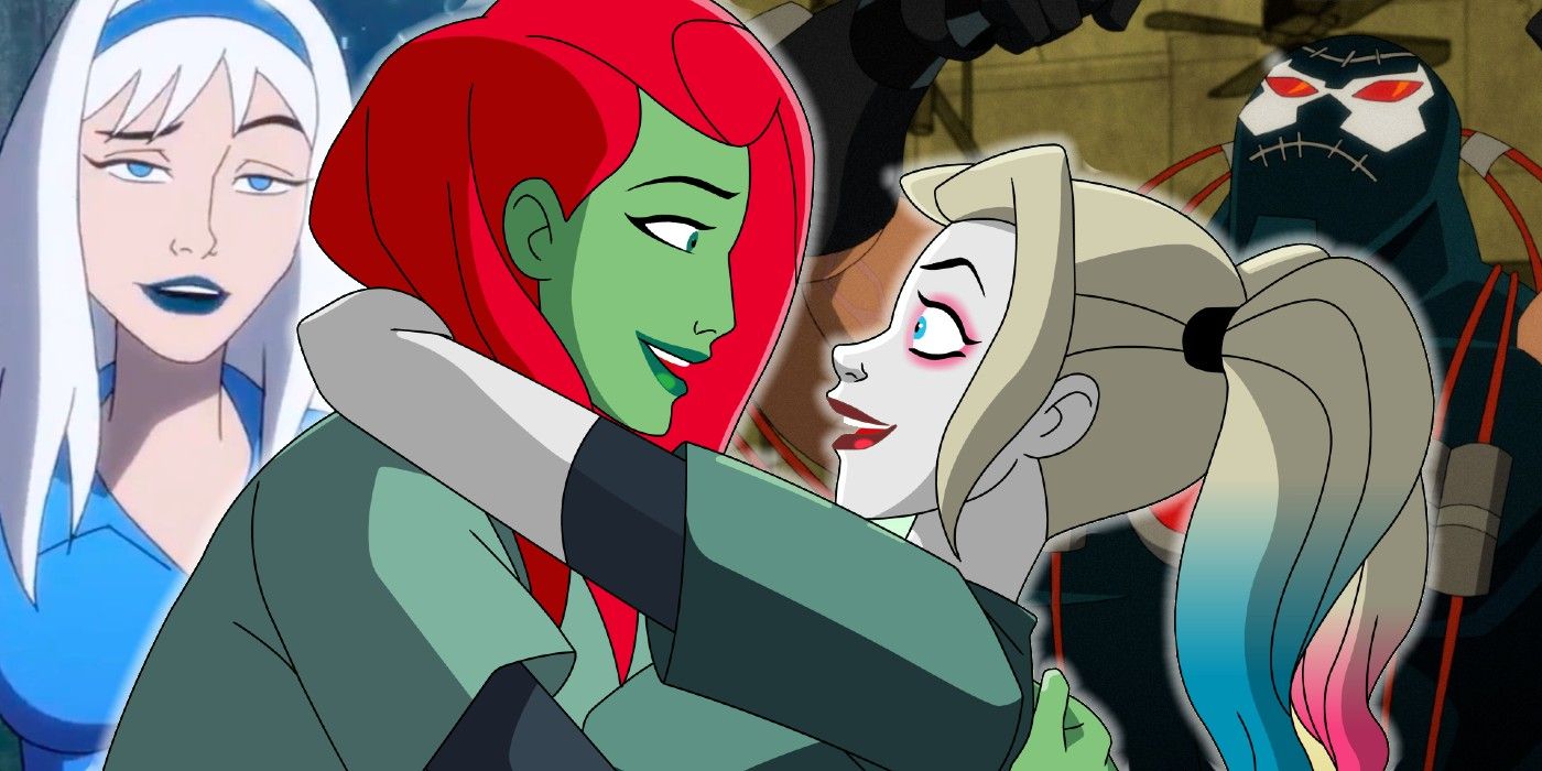 A three part image showcasing Nora, Ivy, Harley, and Bane from Harley Quinn the Animated Series 