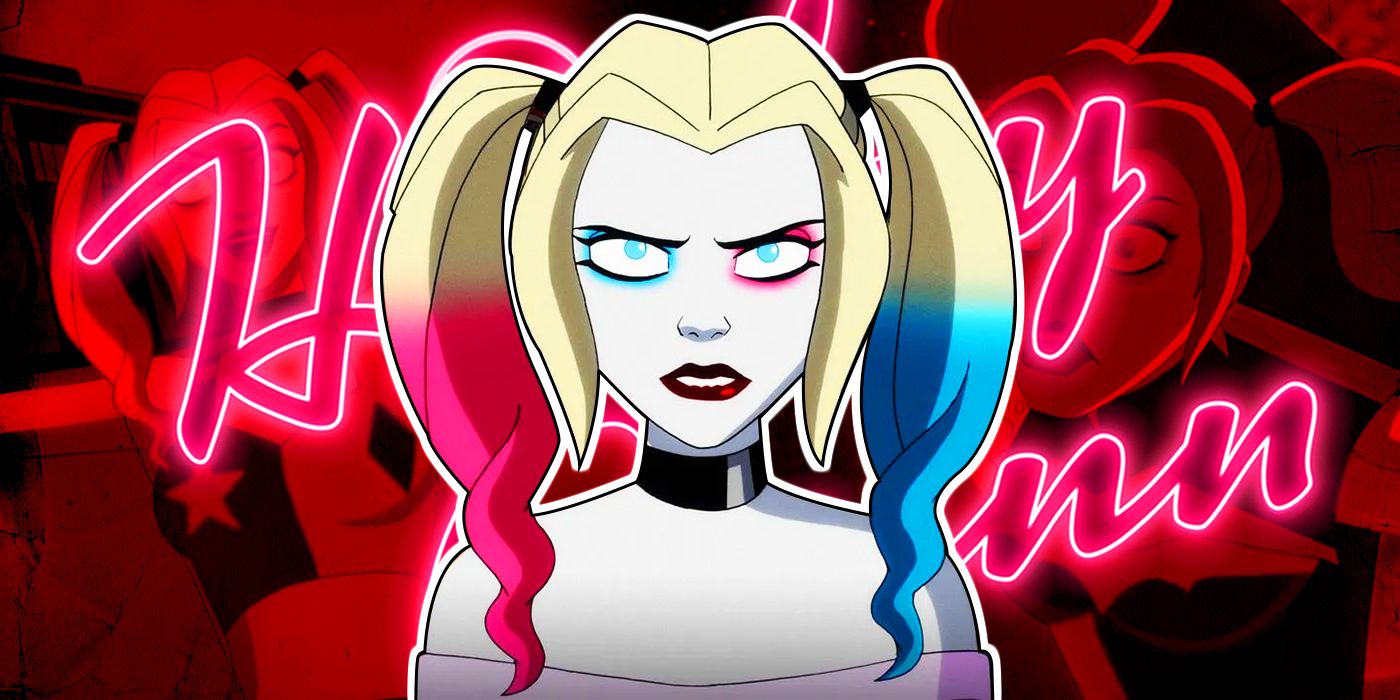 Harley Quinn in front of her season 4 logo.