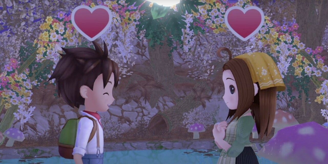 Two characters in love in Harvest Moon standing in front of a wall of flowers