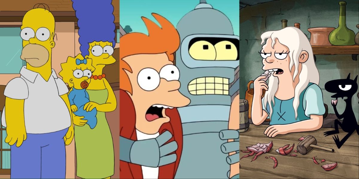 Homer, Marge, Maggie, Fry, Bender, Bean, and Luci from The Simpsons, Futurama, and Disenchantment