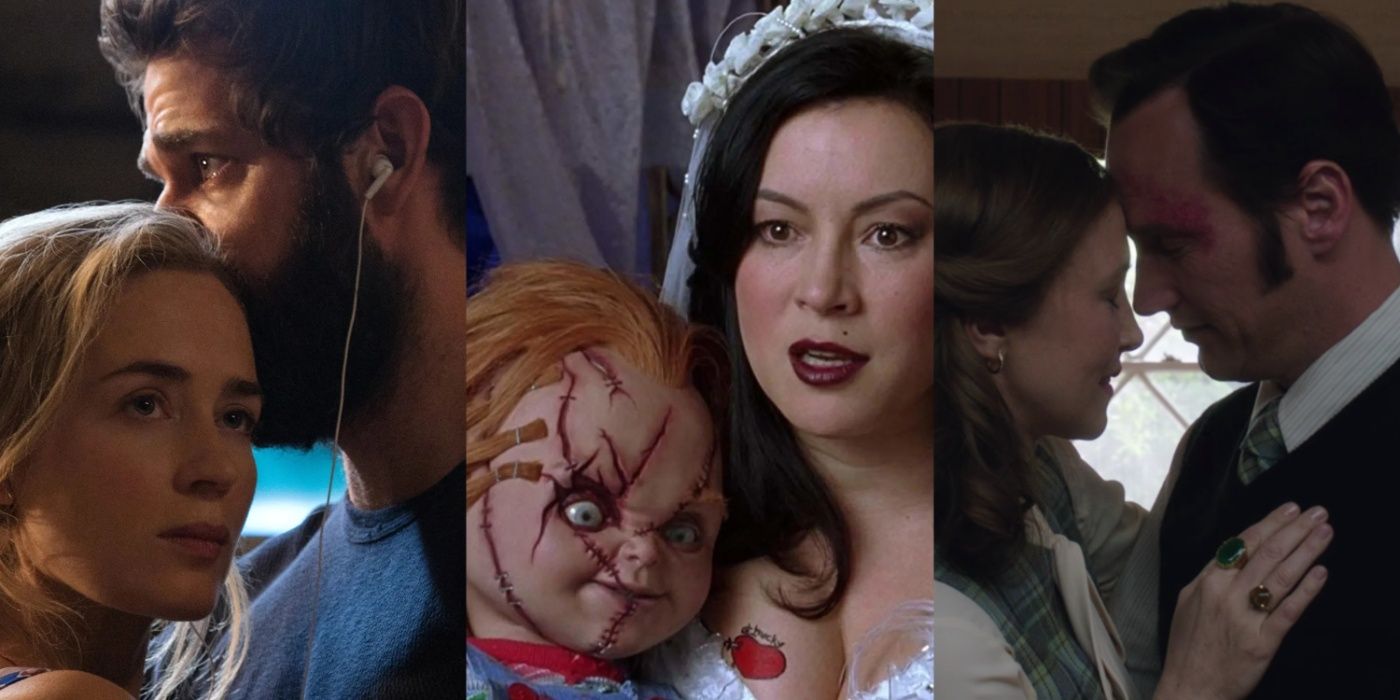 Evelyn and Lee in A Quiet Place, Tiffany holding Chucky in Bride of Chucky, and Lorraine and Ed Warren in The Conjuring franchise. 