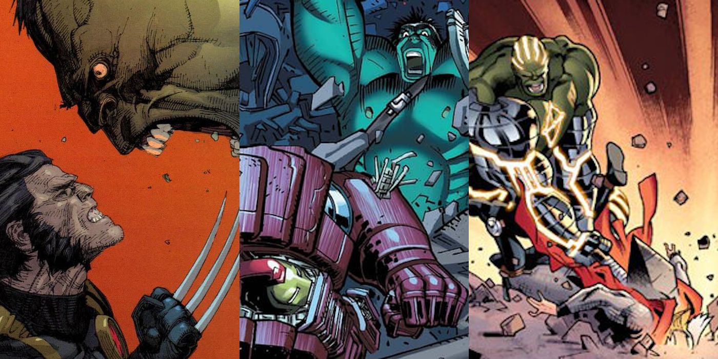 split image of Ultimate Hulk facing Ultimate Wolverine, Hulk about to smash Iron Man in the Hulkbuster armor, and Hulk smashing Thor