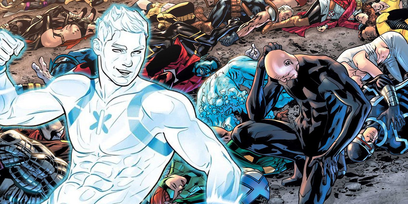 Astonishing Iceman and Professor Xavier kneeling over X-Men bodies in Fall of X