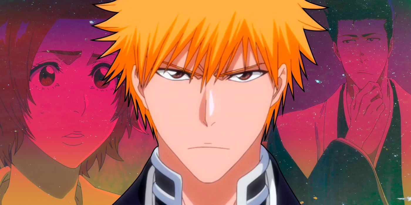 Bleach's Ichigo Kurosaki looking serious and determined with his parents in the background