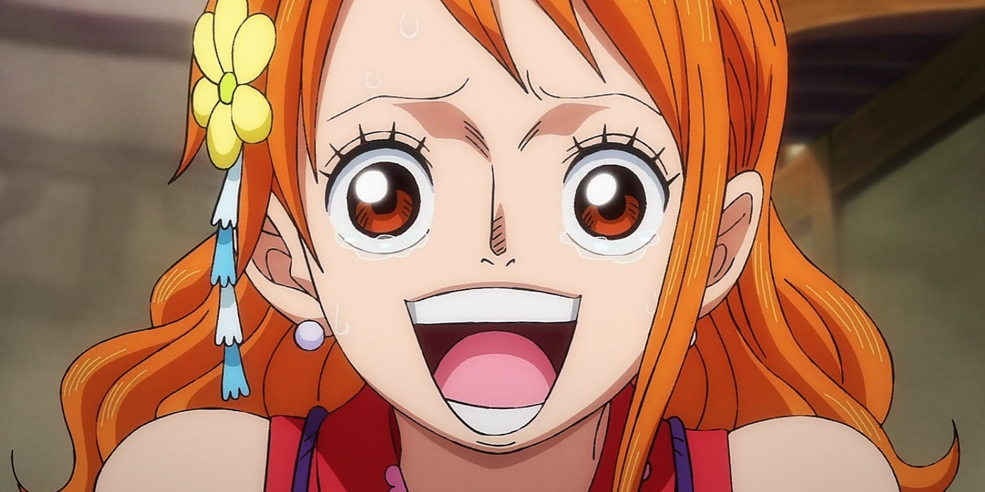 A close-up of Nami the Navigator, beaming with joy in the One Piece anime