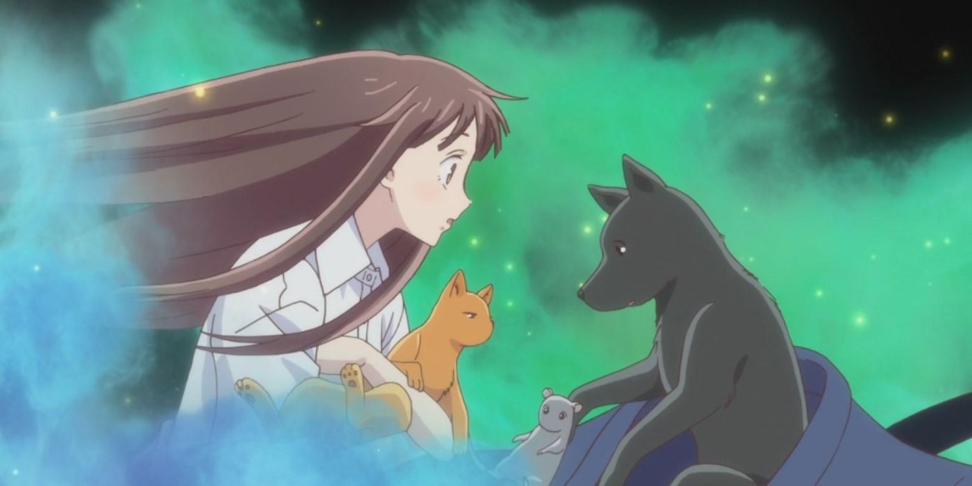 Fruits Basket's Tohru Honda looking on with wide eyes as Kyo, Yuki, and Shigure Sohma transform into animals in front of her for the first time