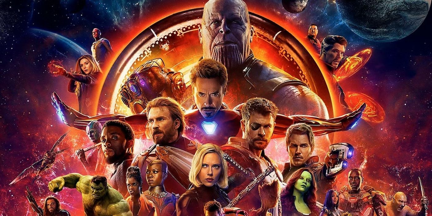 the cast poster for avengers: infinity war with thanos standing over the avengers