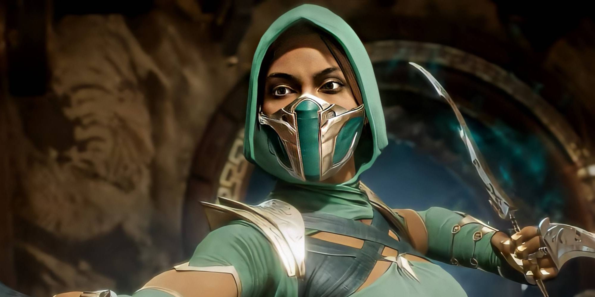Jade, wearing a mask, readies her blade in her character intro in Mortal Kombat 11