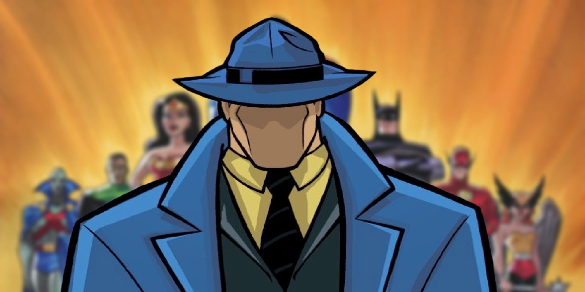 The DCAU version of The Question with the animated Justice League in the background
