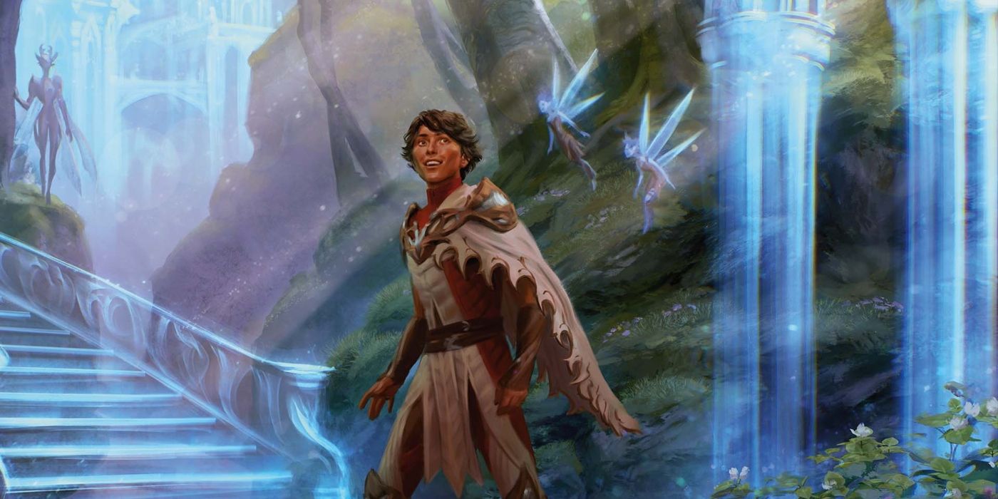 Kellan walking into the Fae Court in Wilds of Eldraine Magic: The Gathering