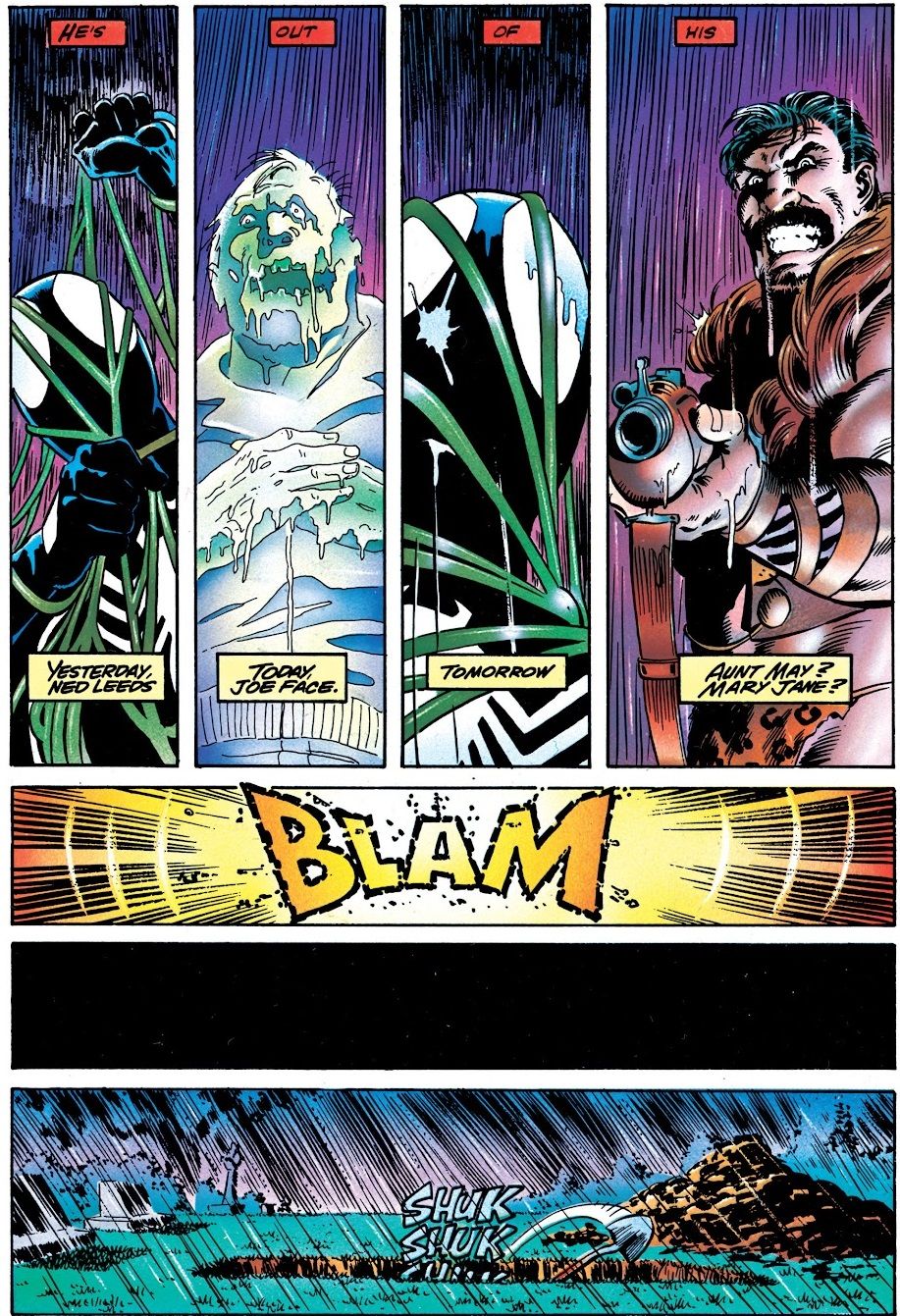 Rick Parker slows down the way Spider-Man is thinking by breaking the words into distinct caption boxes