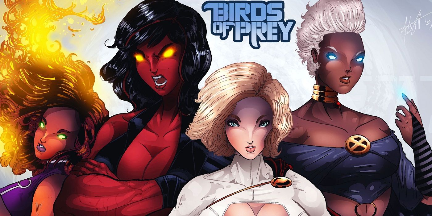 A header for a Birds of Prey team with Red She-Hulk, Storm, Power Girl and Starfire