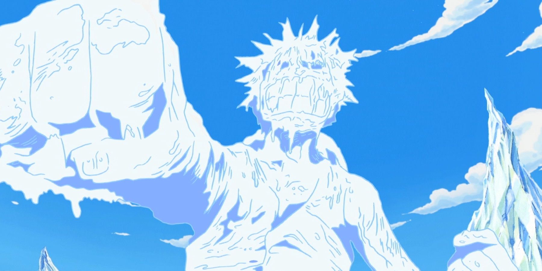Luffy is frozen in ice with his fist out and teeth bared
