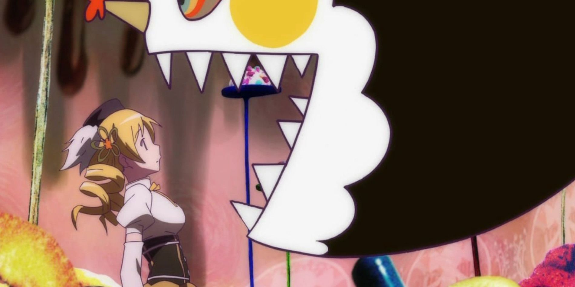 Mami from Madoka looking at Charlotte the Candy Witch about to be eaten