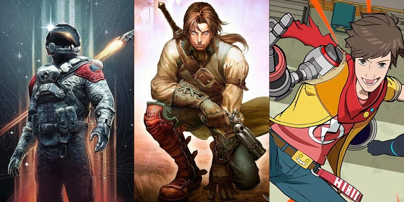 A split image of the Starfield protagonist, The Hero of Bowerstone from Fable 2, and Chai from Hi-Fi Rush