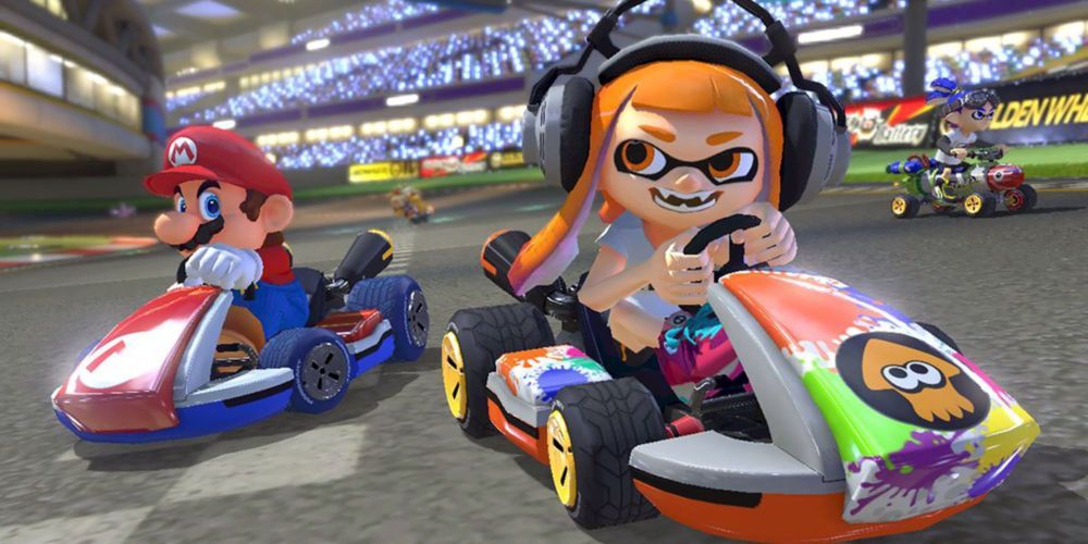 Uma foto de Mario Kart 8 com Mario e Squid Girl