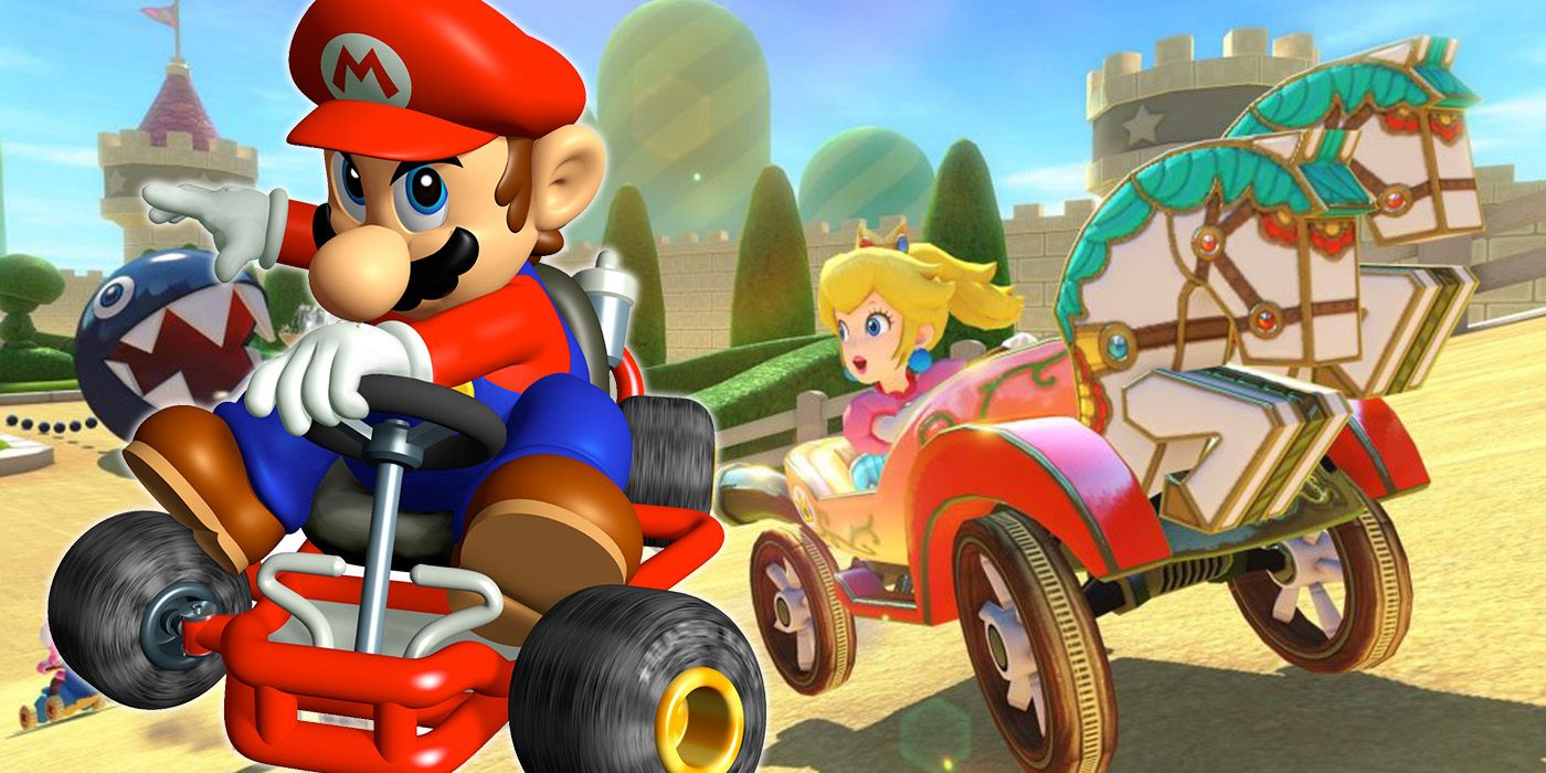 Mario and Princess Peach drive their vehicles in Mario Kart games