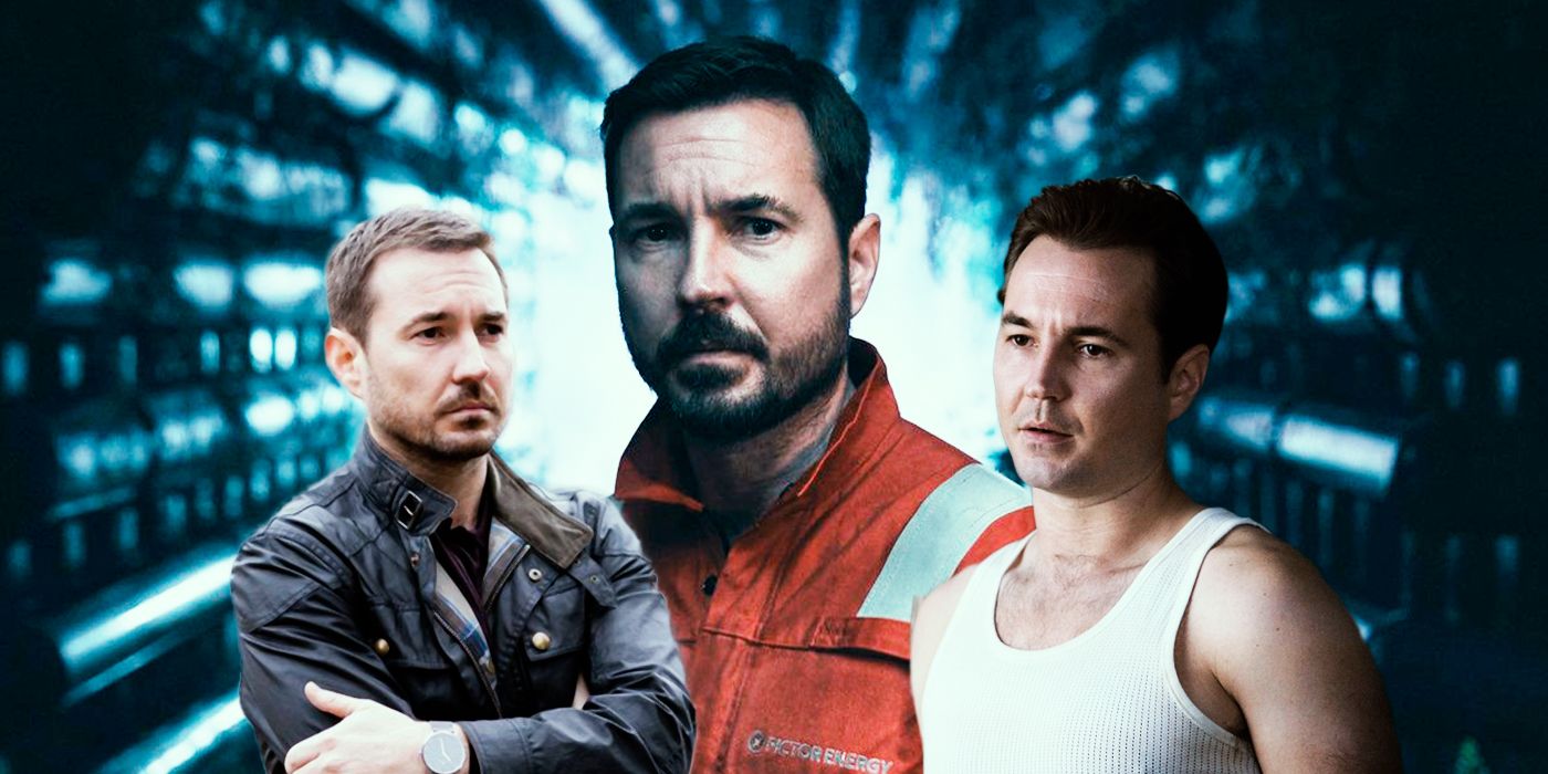 Images of Martin Compston in front of his hero shot from Prime Video's The Rig