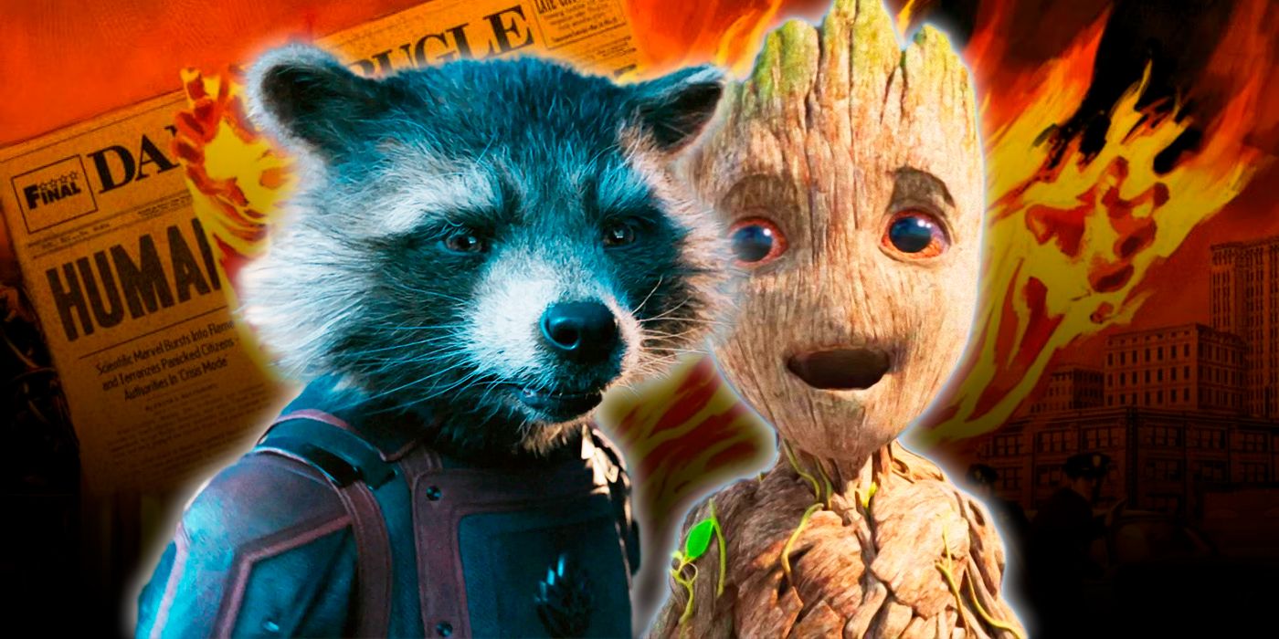 Rocket and Groot with The Human Torch on the background