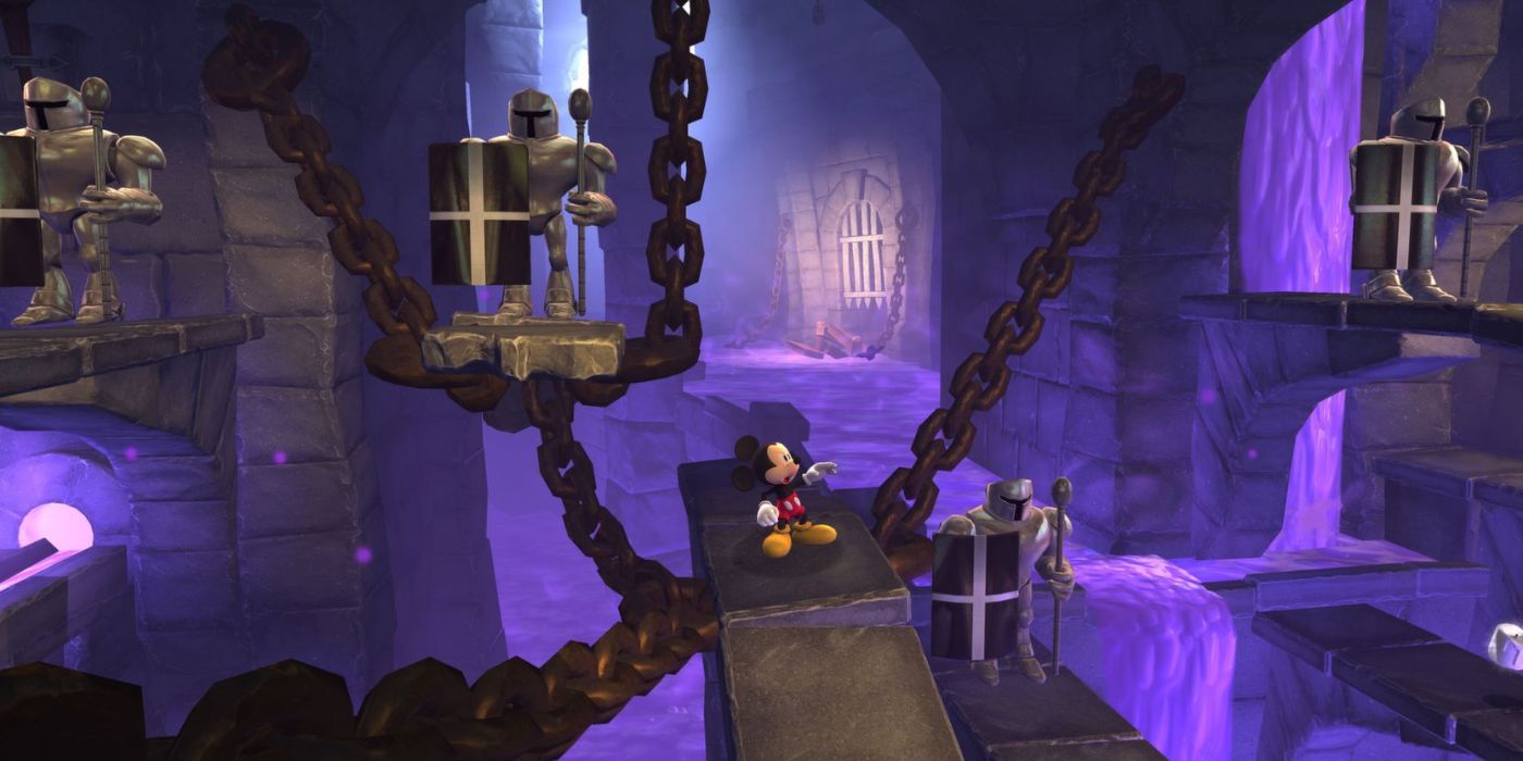 Mickey Mouse salta através de um castelo escuro