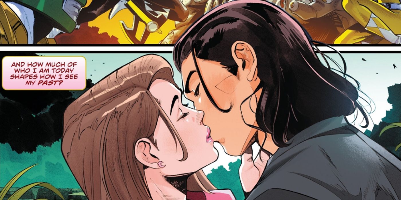 Tommy Oliver and Kimberly Ann Hart kissing in the alternate timeline of MMPR: The Return