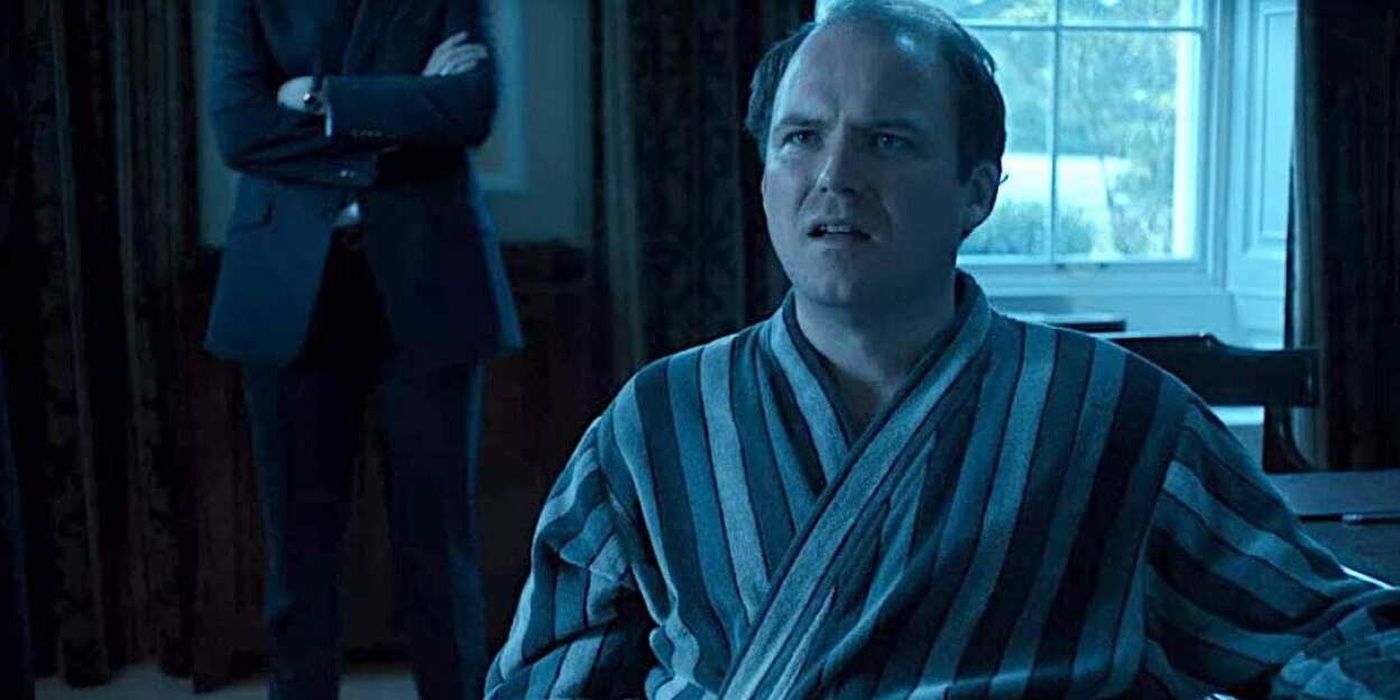 Michael Callow is pictured in his dressing gown during Black Mirror's National Anthem episode