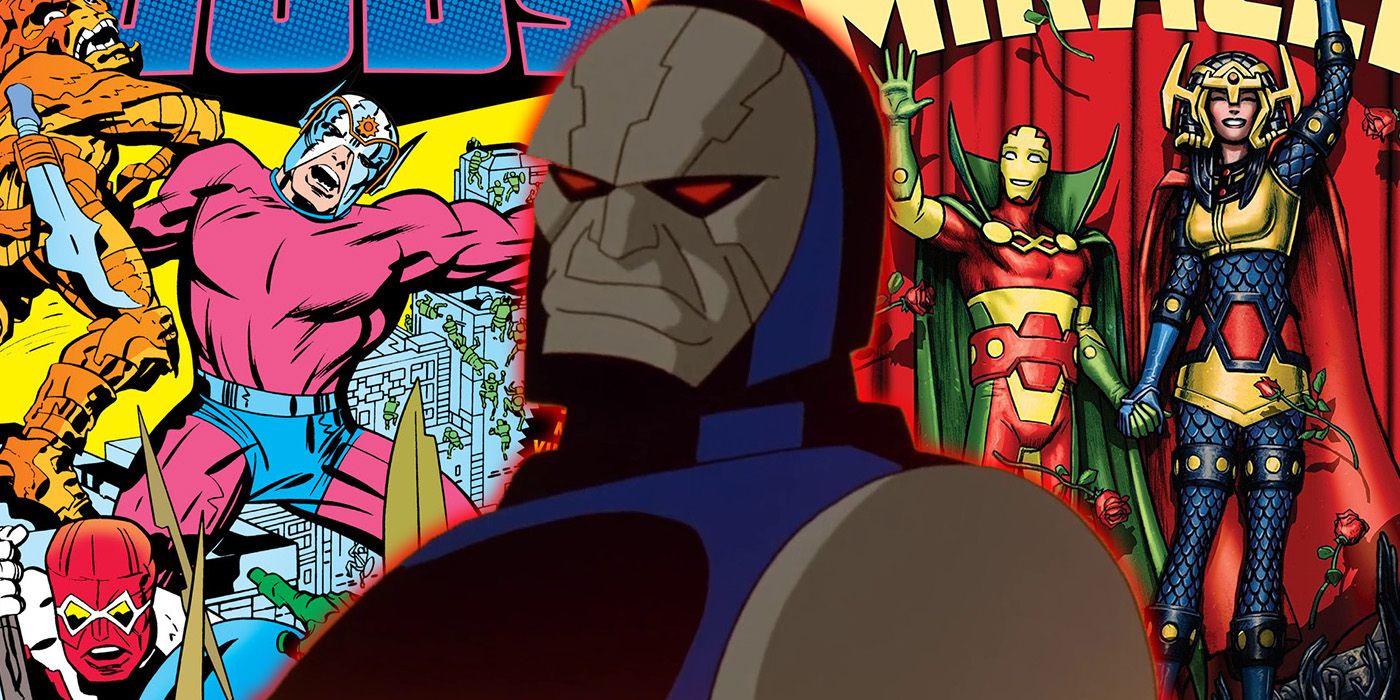 split image: DCAU Darkseid, Jack Kirby's Orion in New Gods and Tom King's Mister Miracle and Barda onstafe