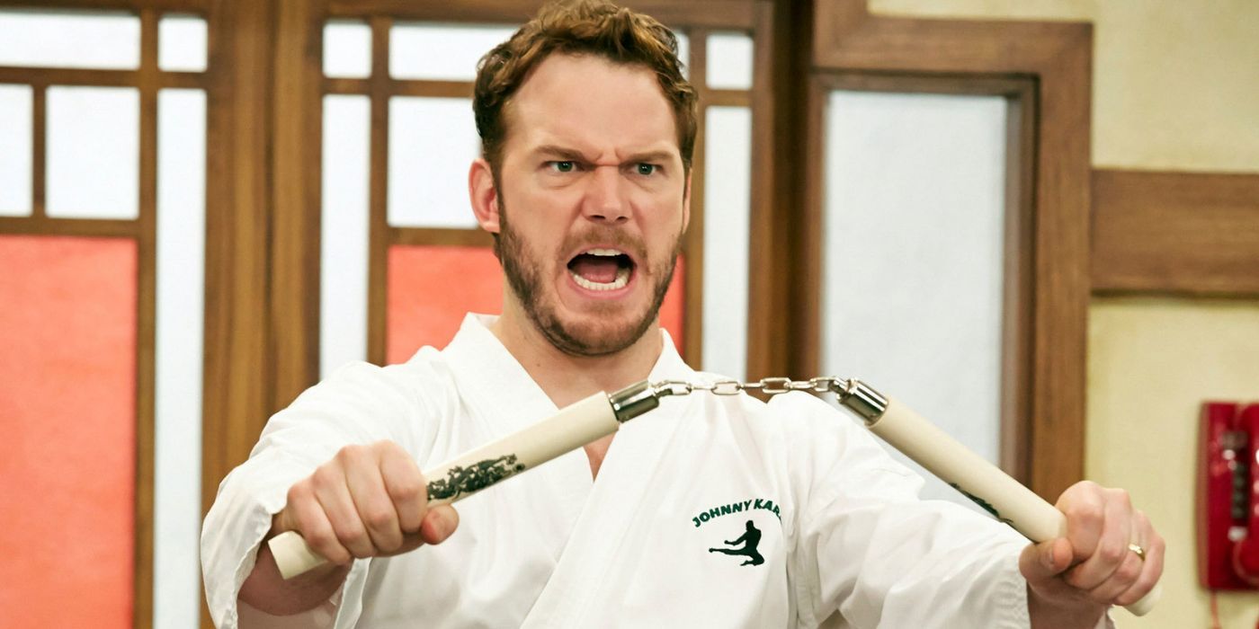 Andy Dwyer yells while using nunchucks in Parks and Recreation
