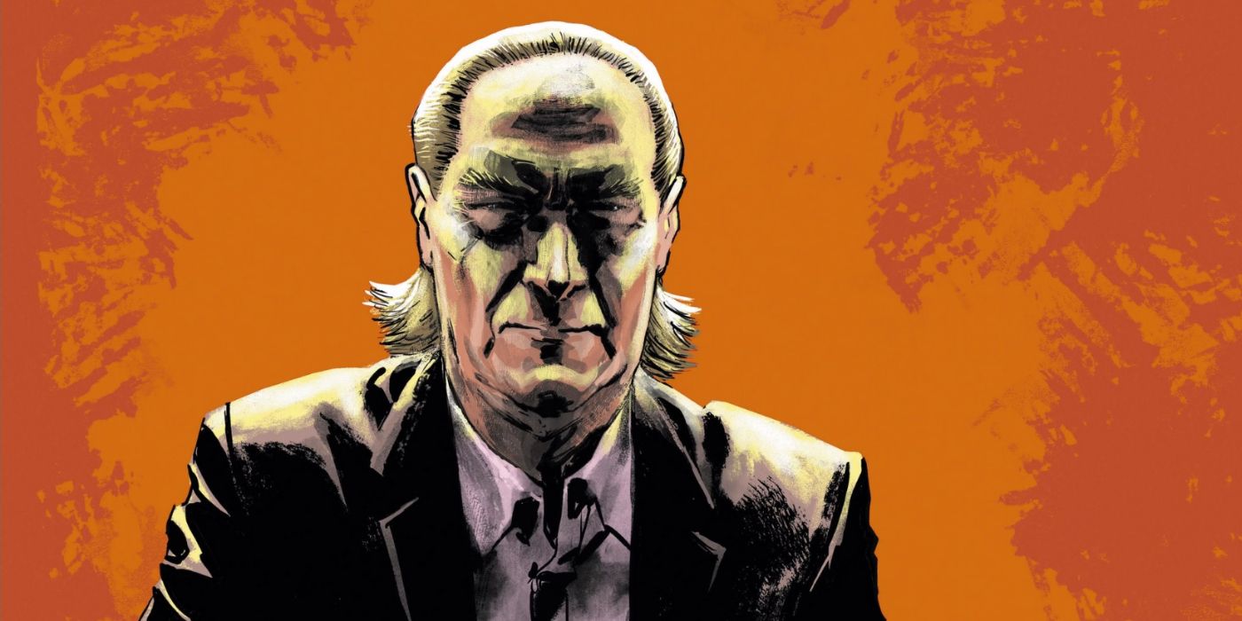Oswald Cobblepot looks grim against an orange backdrop on the cover to DC's The Penguin.