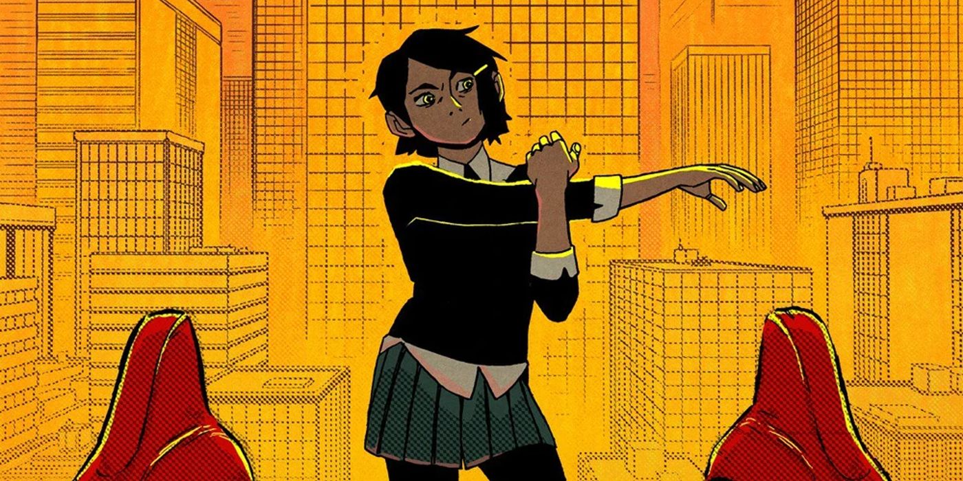 Peni Parker stretcing as she stands atop her SPdr mech in front of towering tokyo skyscrapers