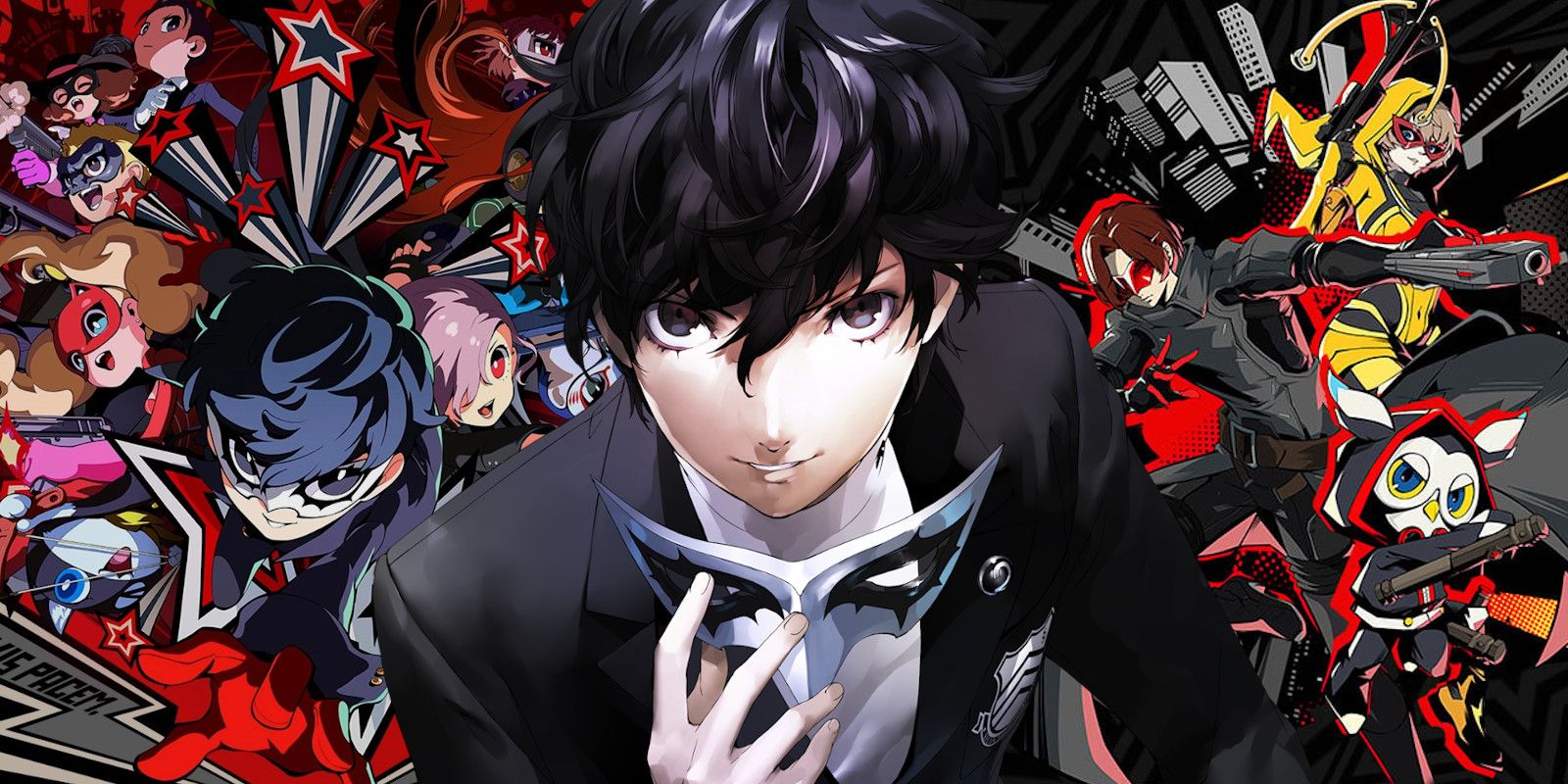 Joker in front of promo art for Persona 5 Tactica and Persona 5: The Phantom X
