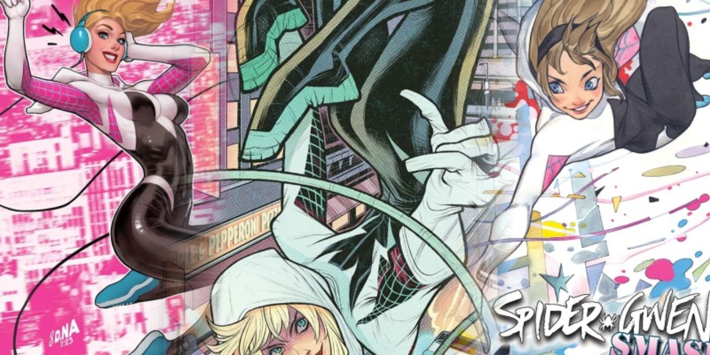 Split images of Spider-Gwen from the covers of Spider-Gwen: Smash.