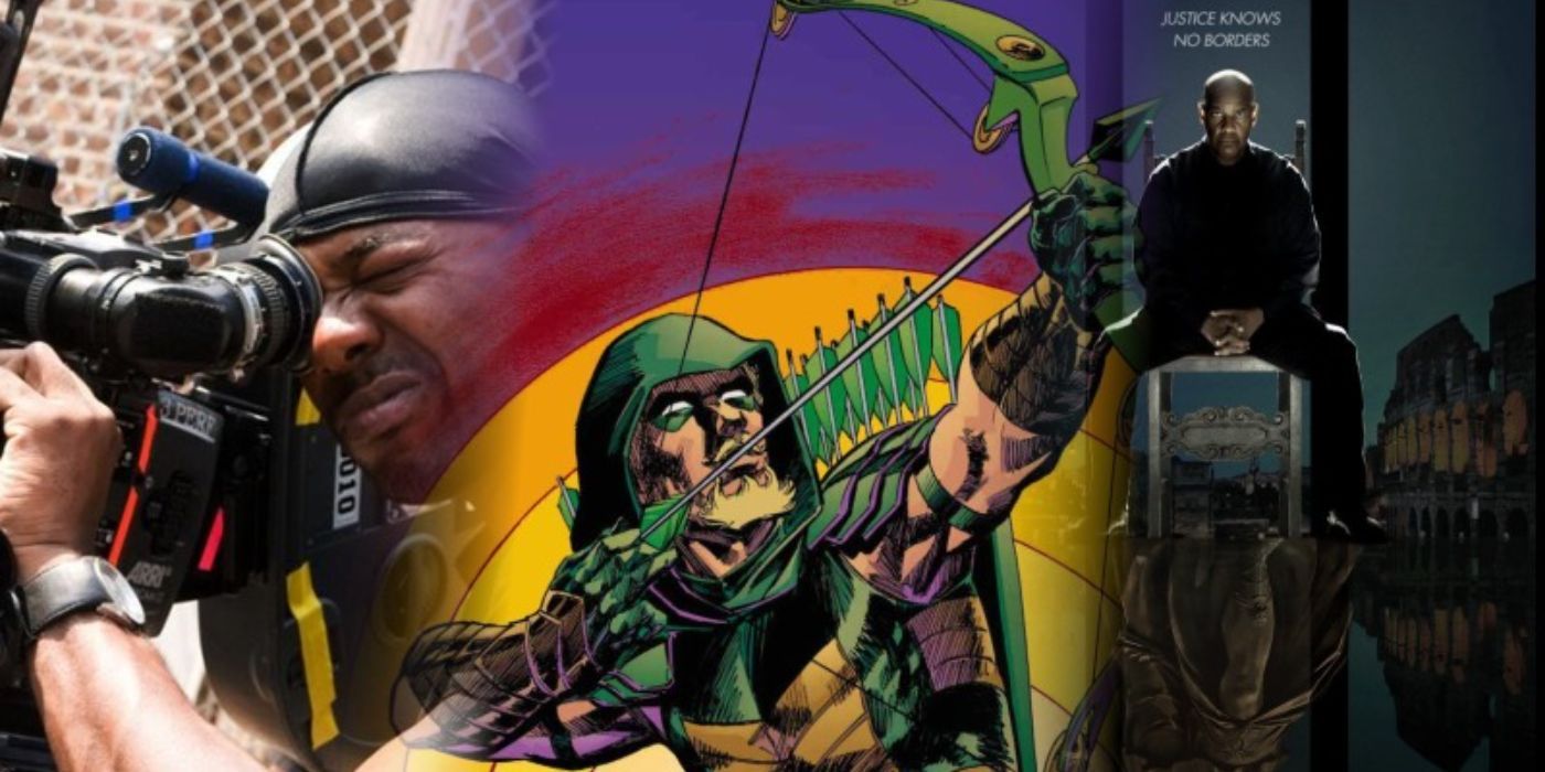 Images of Antoine Fuqua directing, Mike Grell's Green Arrow and the poster for The Equalizer 3.