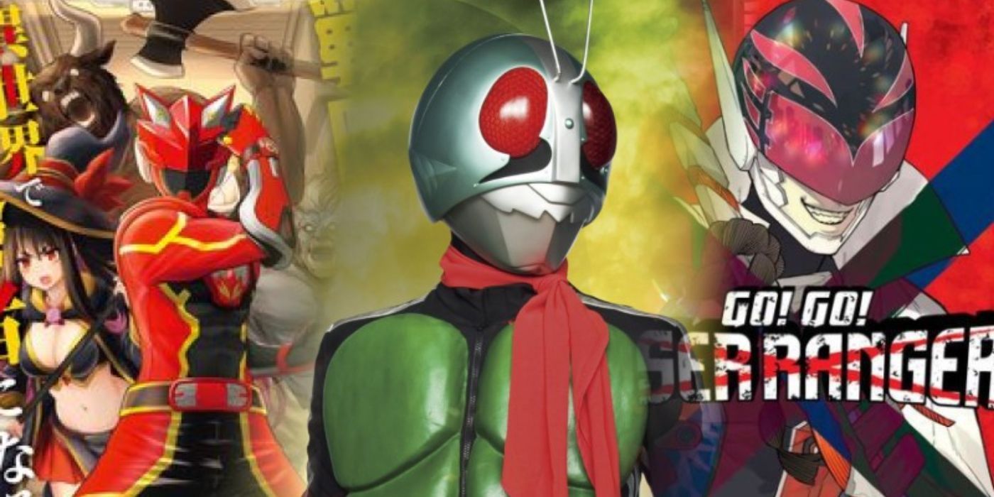 Image of Kamen Rider 1 and the manga covers for Go! Go! Loser Ranger and Red Ranger Isekai.