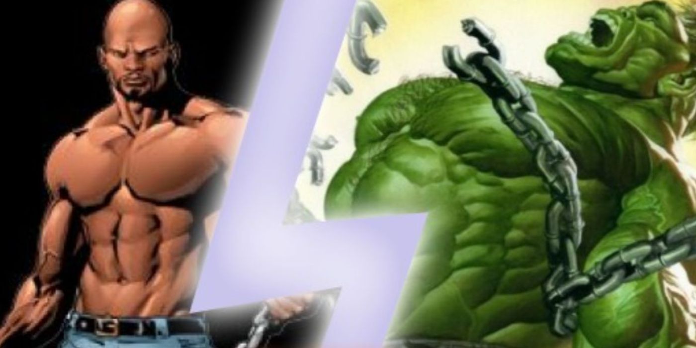 A shirtless Luke Cage vs. an Alex Ross drawing of Hulk.