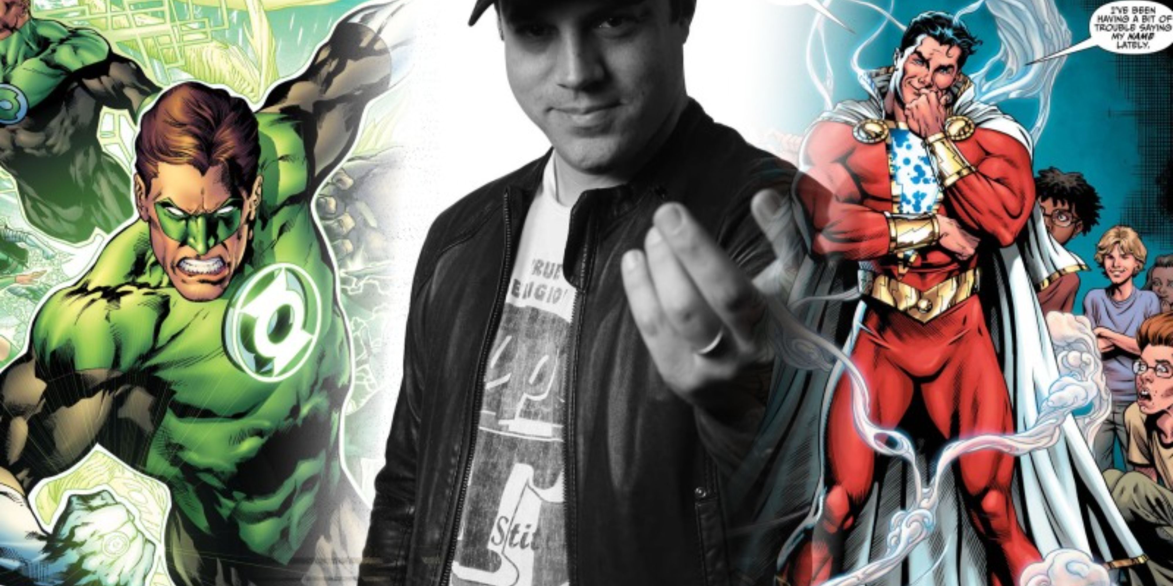 Geoff Johns next to images of Green Lantern and Captain Marvel.