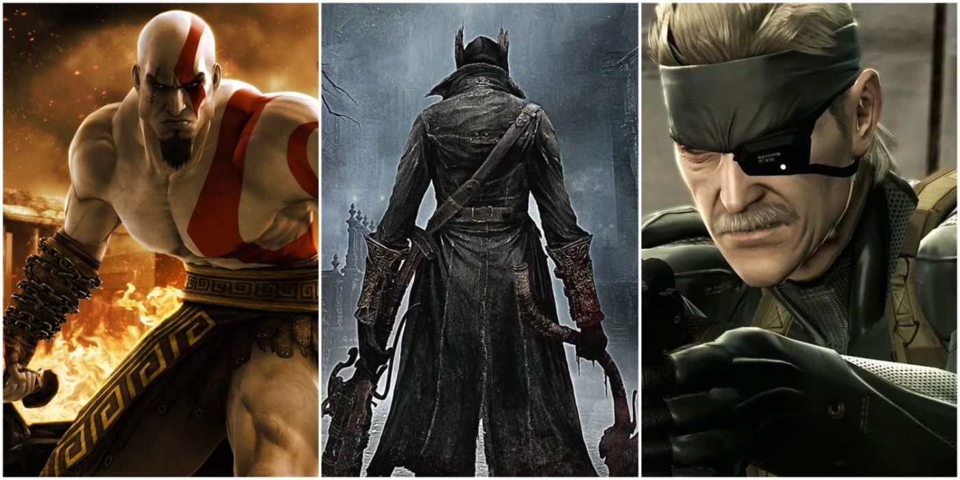 A split image showing God of War, Bloodborne, and Metal Gear Solid 4: Guns of the Patriots PlayStation games