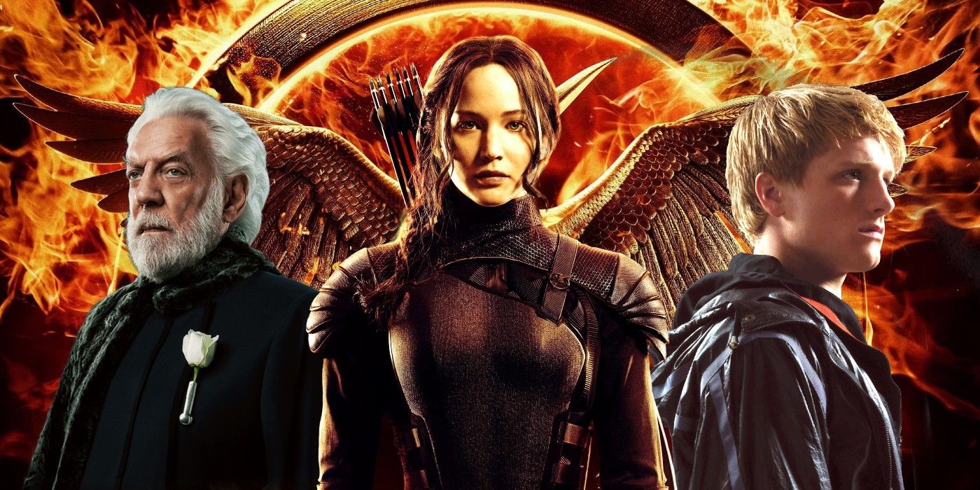 O presidente dos Jogos Vorazes, Snow, Katniss Everdeen e Peeta Mellark na frente de um tordo de fogo