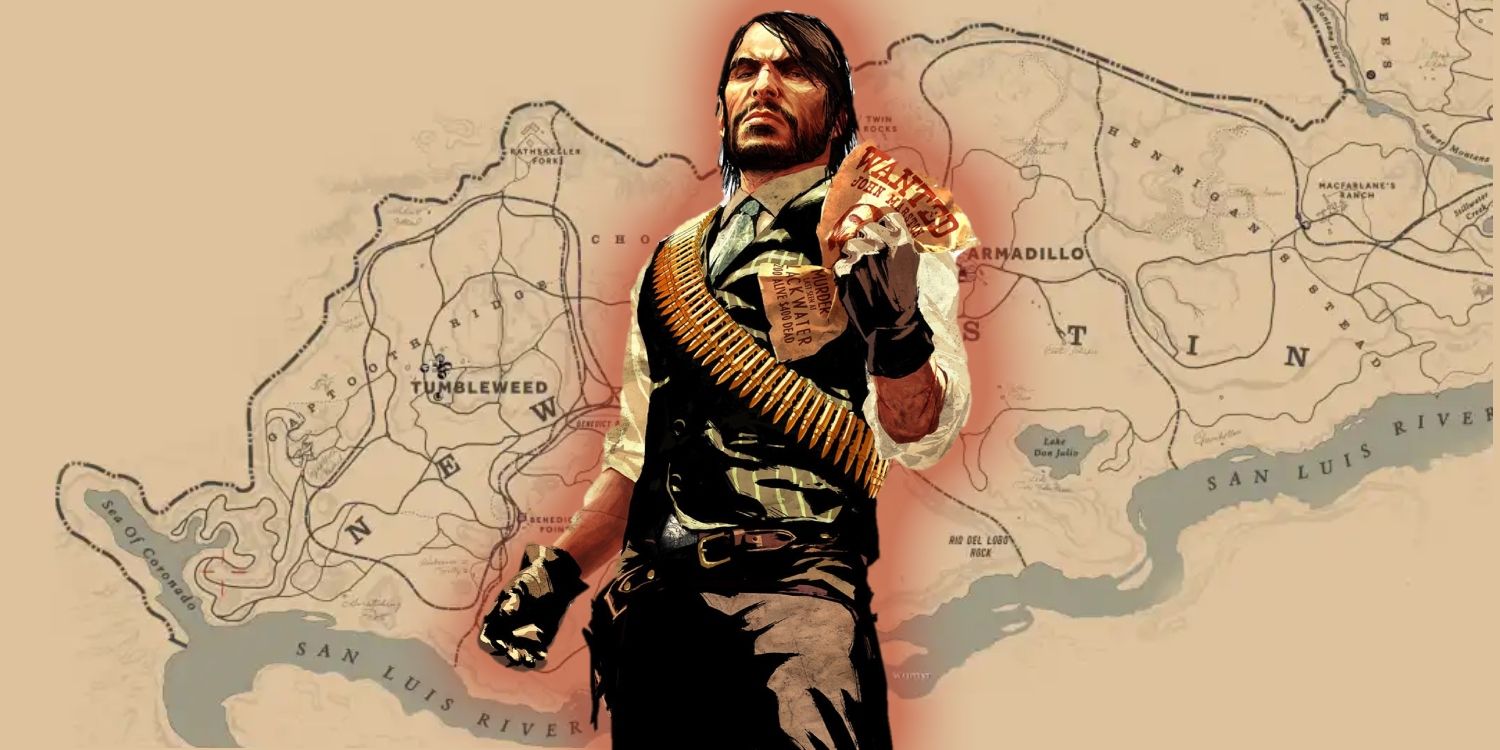 John Marston stands in front of the map of Red Dead Redemption 