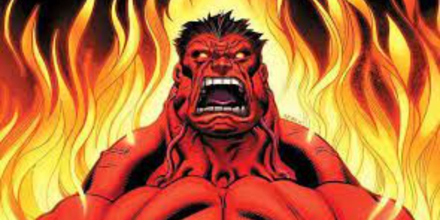 O Hulk Vermelho cercado por chamas.