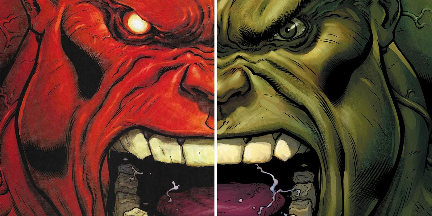 split image: faces of General Ross Red Hulk and classic Incredible Hulk rage side by side