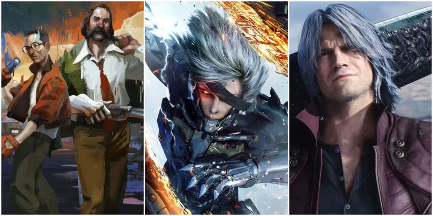 A split image showing Disco Elysium, Metal Gear Rising: Revengeance and Devil May Cry 5 game stories